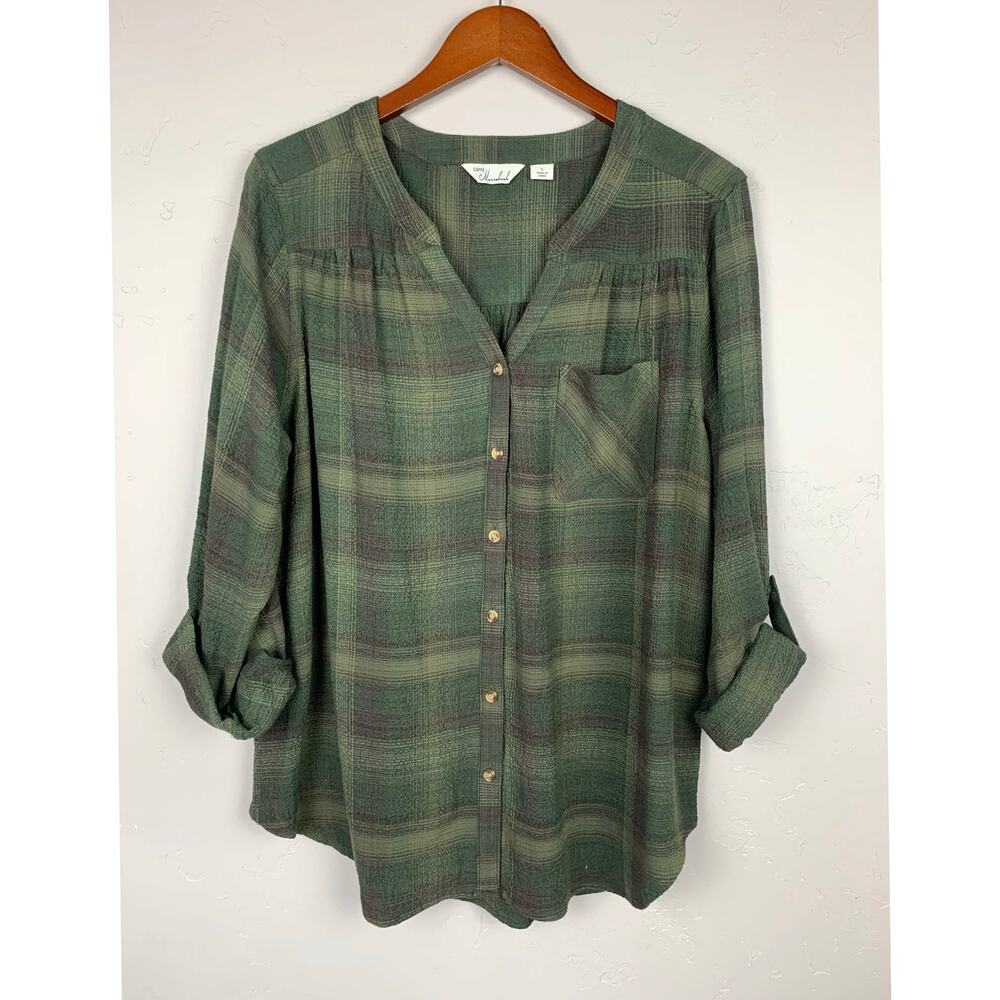 New Caffe Marrakesh Button Front Shirt Green Plaid Gauze Top Women's L